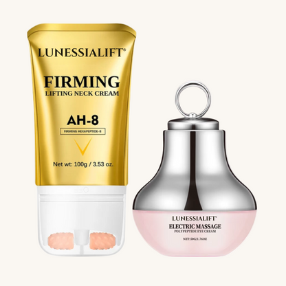 Lunessialift firming lifting neck cream and electric massage eye cream on a white background